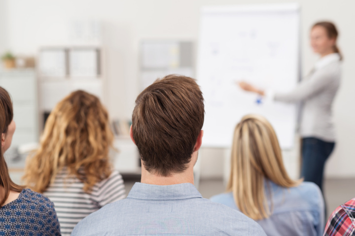 Eine Frau präsentiert jungen Menschen ein Flipchart.