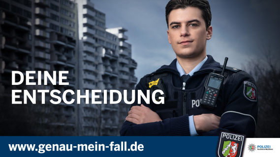 Campaign image “Your decision” Officer in uniform in front of apartment block